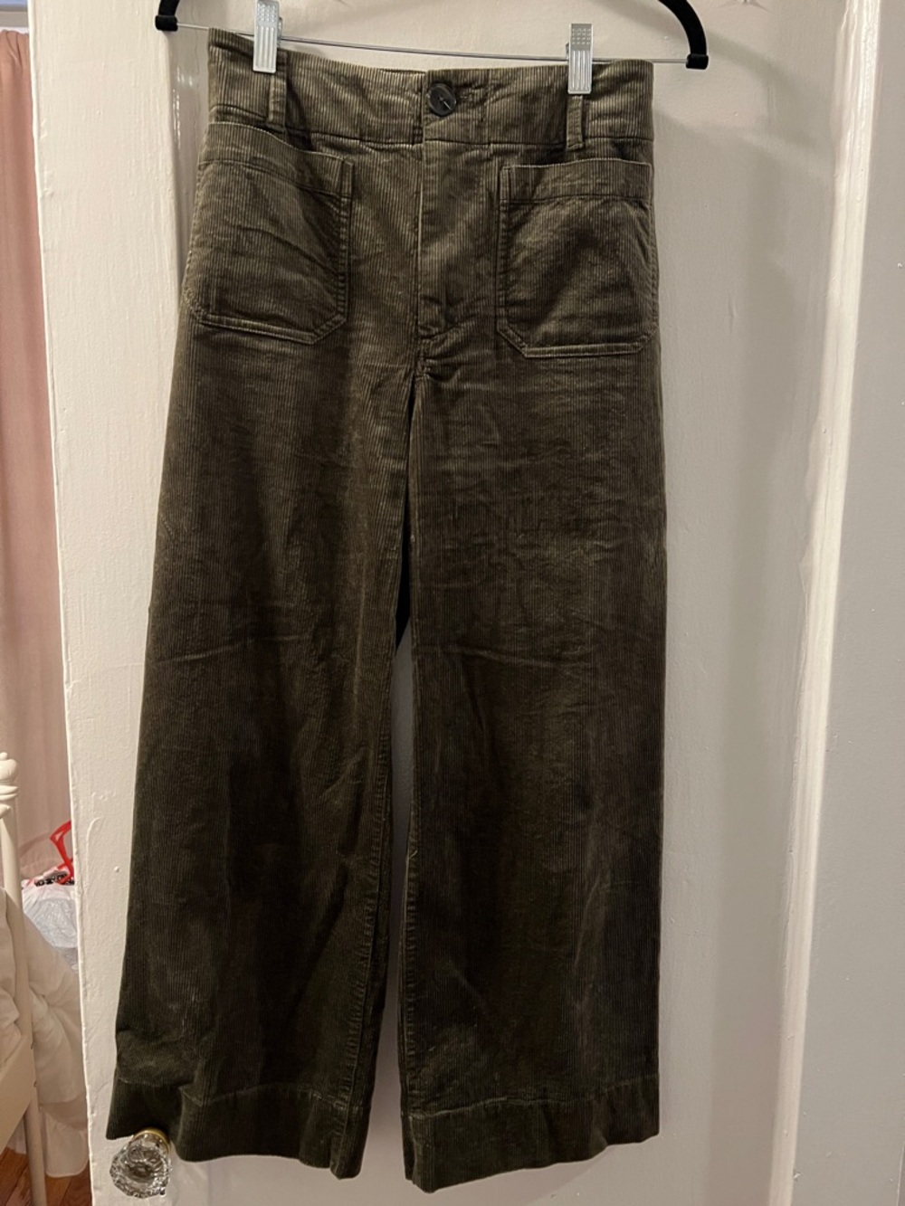 Maeve Wide-Leg Corduroy Pants in Dark Olive